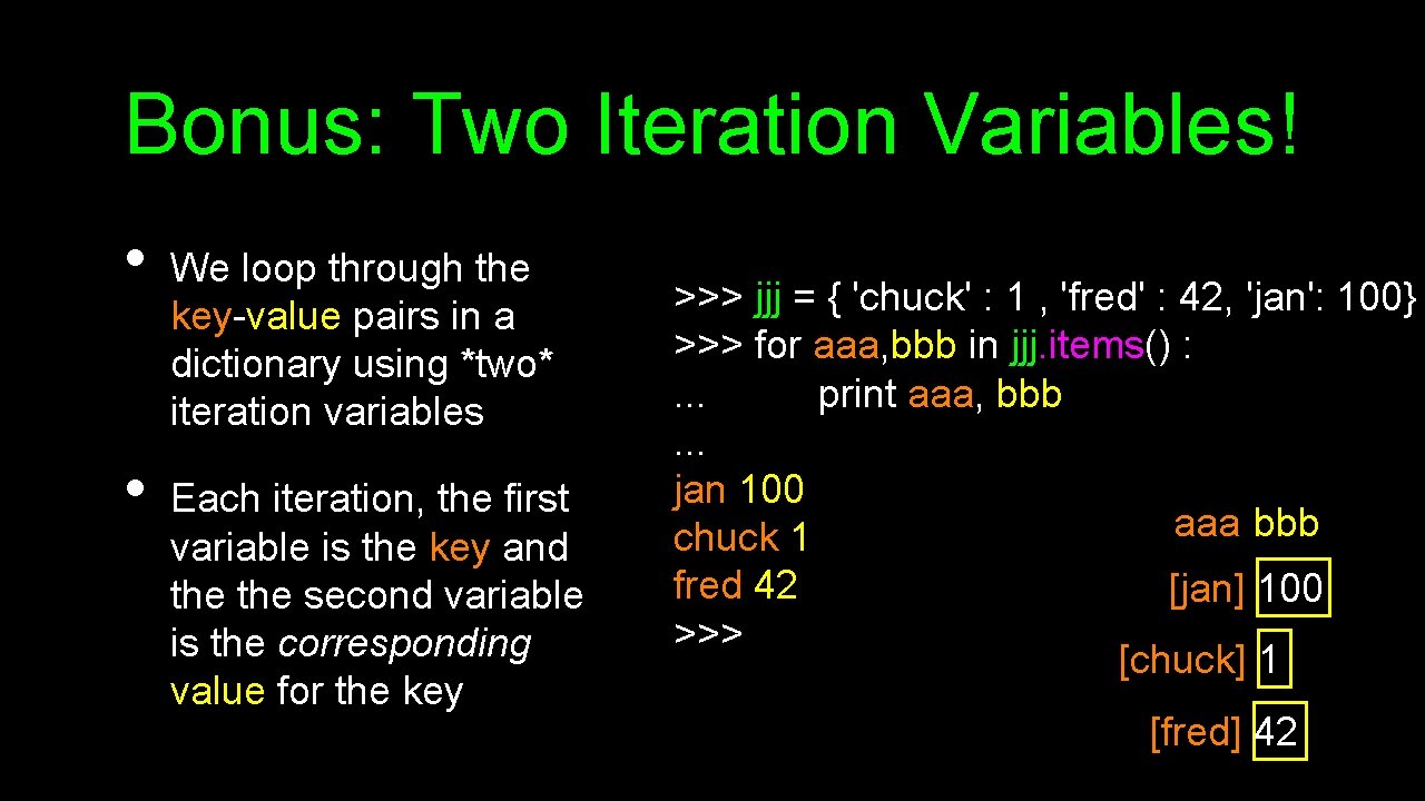 Bonus: Two Iteration Variables! • • We loop through the key-value pairs in a