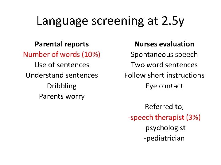 Language screening at 2. 5 y Parental reports Number of words (10%) Use of