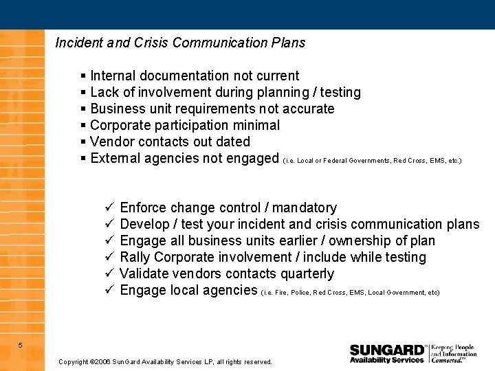 Incident and Crisis Communication Plans § Internal documentation not current § Lack of involvement