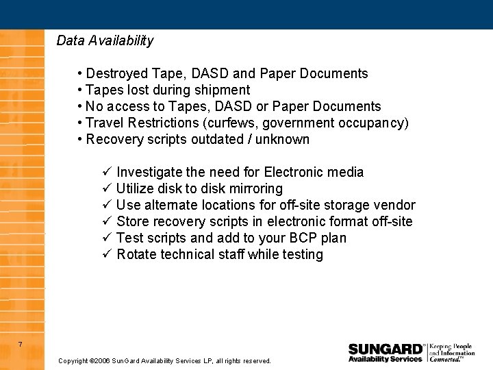 Data Availability • Destroyed Tape, DASD and Paper Documents • Tapes lost during shipment