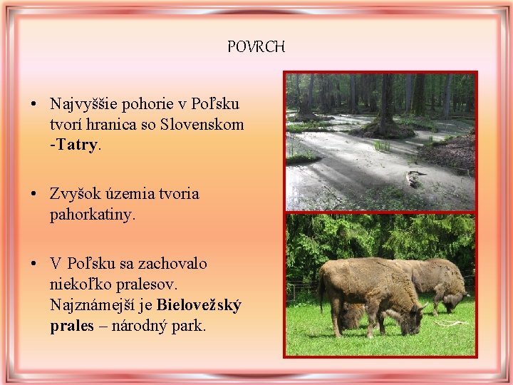 POVRCH • Najvyššie pohorie v Poľsku tvorí hranica so Slovenskom -Tatry. • Zvyšok územia POVRCH • Najvyššie pohorie v Poľsku tvorí hranica so Slovenskom -Tatry. • Zvyšok územia