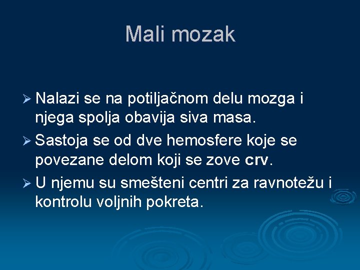 Mali mozak Ø Nalazi se na potiljačnom delu mozga i njega spolja obavija siva