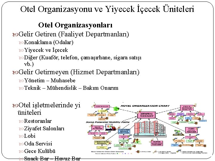 Otel Organizasyonu ve Yiyecek İçecek Üniteleri Otel Organizasyonları Gelir Getiren (Faaliyet Departmanları) Konaklama (Odalar)