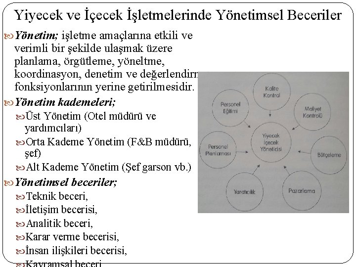 Yiyecek ve İçecek İşletmelerinde Yönetimsel Beceriler Yönetim; işletme amaçlarına etkili ve verimli bir şekilde