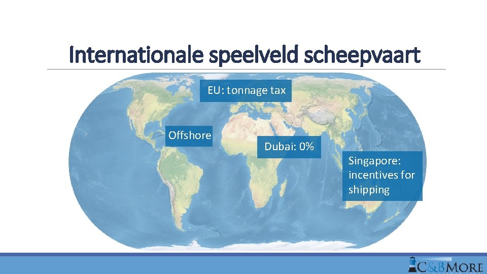 Internationale speelveld scheepvaart EU: tonnage tax Offshore Dubai: 0% Singapore: incentives for shipping 