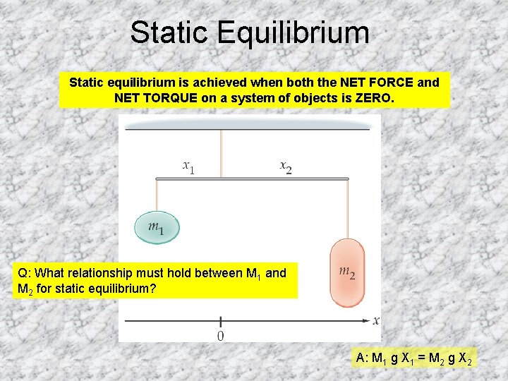 Static Equilibrium Static equilibrium is achieved when both the NET FORCE and NET TORQUE Static Equilibrium Static equilibrium is achieved when both the NET FORCE and NET TORQUE