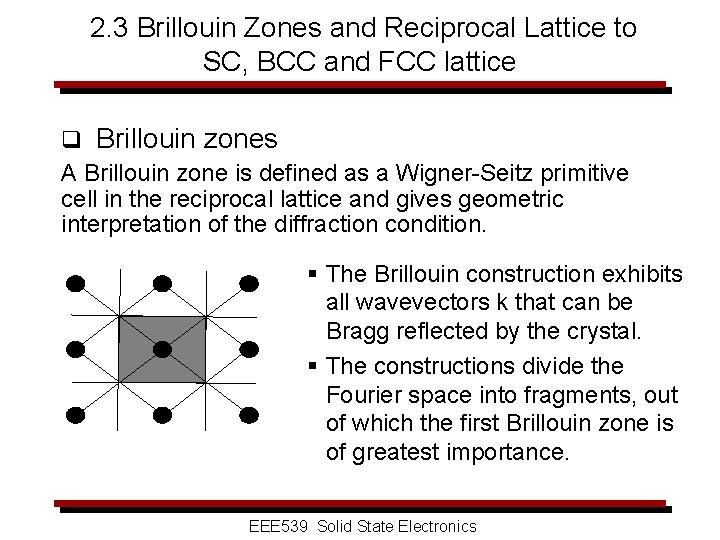 2. 3 Brillouin Zones and Reciprocal Lattice to SC, BCC and FCC lattice q