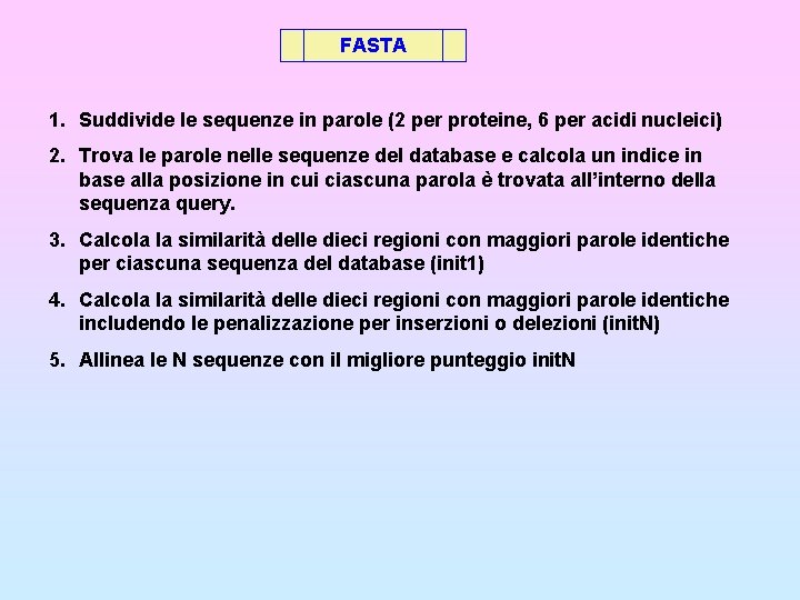 FASTA 1. Suddivide le sequenze in parole (2 per proteine, 6 per acidi nucleici)