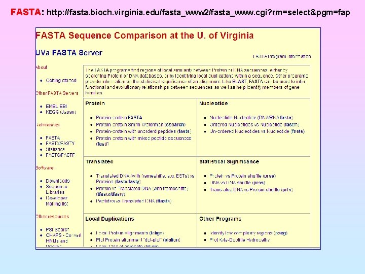 FASTA: http: //fasta. bioch. virginia. edu/fasta_www 2/fasta_www. cgi? rm=select&pgm=fap 