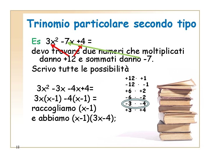 Trinomio particolare secondo tipo Es 3 x 2 -7 x +4 = devo trovare