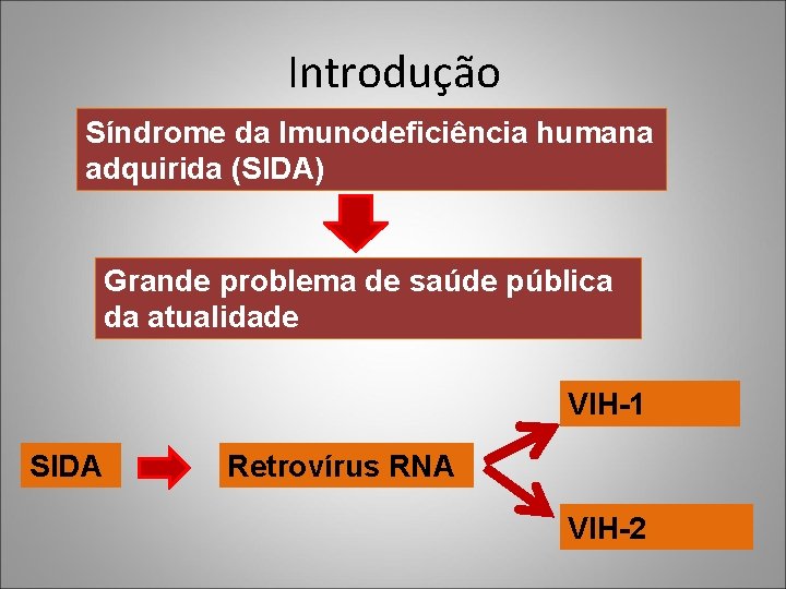 Introdução Síndrome da Imunodeficiência humana adquirida (SIDA) Grande problema de saúde pública da atualidade