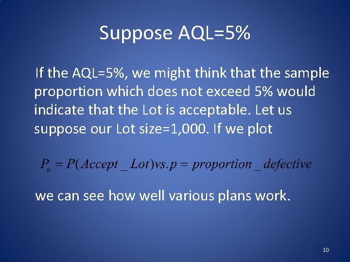 Suppose AQL=5% If the AQL=5%, we might think that the sample proportion which does