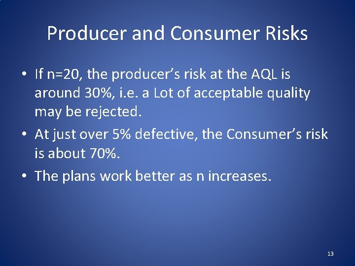 Producer and Consumer Risks • If n=20, the producer’s risk at the AQL is