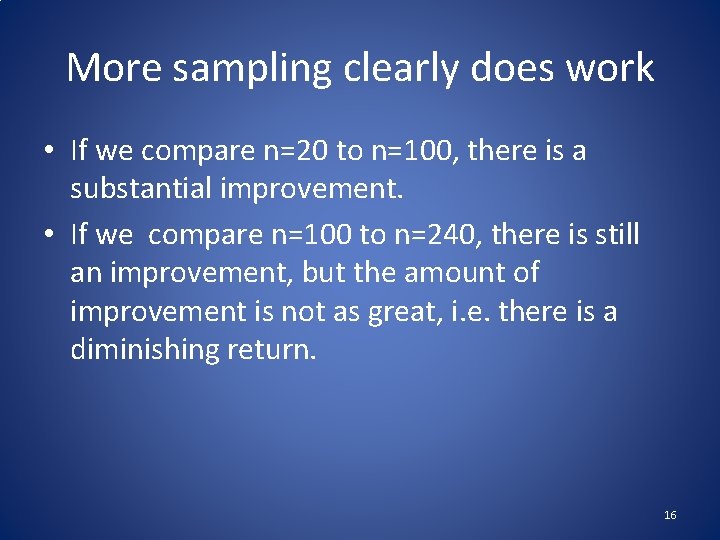 More sampling clearly does work • If we compare n=20 to n=100, there is