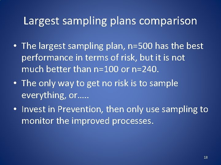 Largest sampling plans comparison • The largest sampling plan, n=500 has the best performance