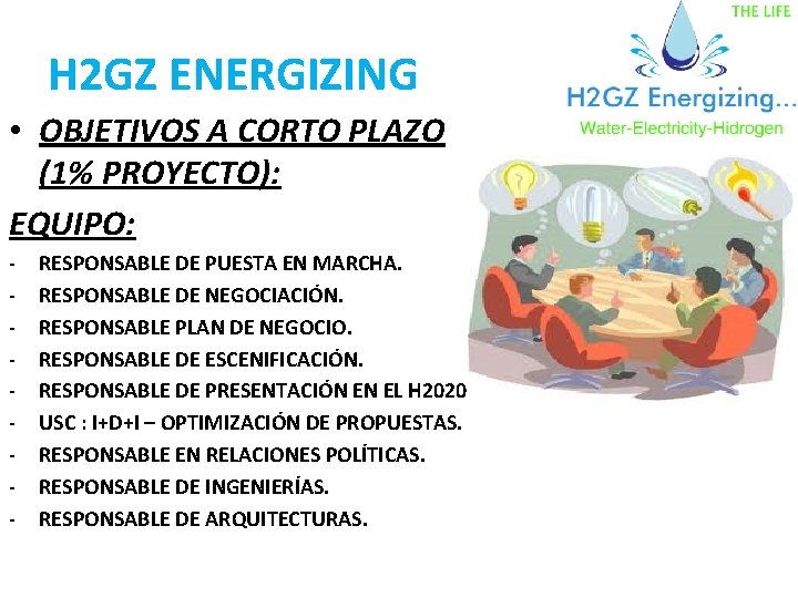 H 2 GZ ENERGIZING • OBJETIVOS A CORTO PLAZO (1% PROYECTO): EQUIPO: - RESPONSABLE