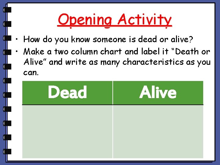 Opening Activity • How do you know someone is dead or alive? • Make Opening Activity • How do you know someone is dead or alive? • Make
