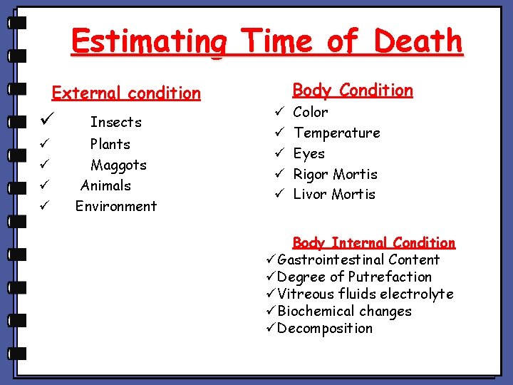 Estimating Time of Death Body Condition External condition ü Insects ü ü Plants Maggots Estimating Time of Death Body Condition External condition ü Insects ü ü Plants Maggots