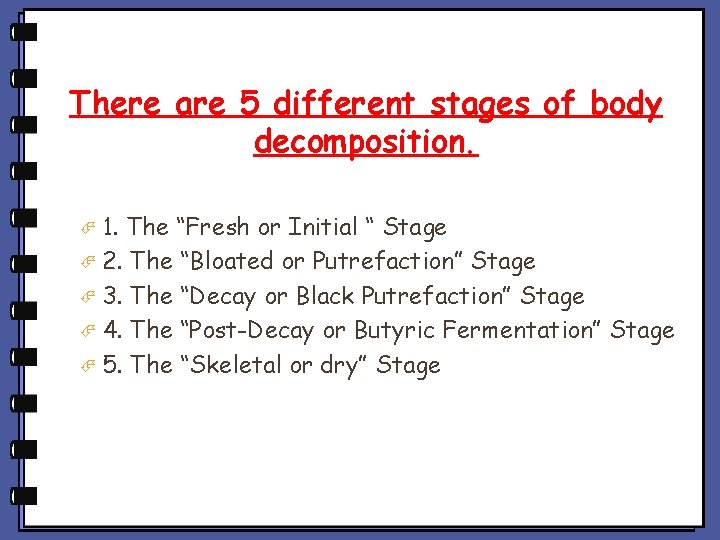 There are 5 different stages of body decomposition. 1. The “Fresh or Initial “ There are 5 different stages of body decomposition. 1. The “Fresh or Initial “