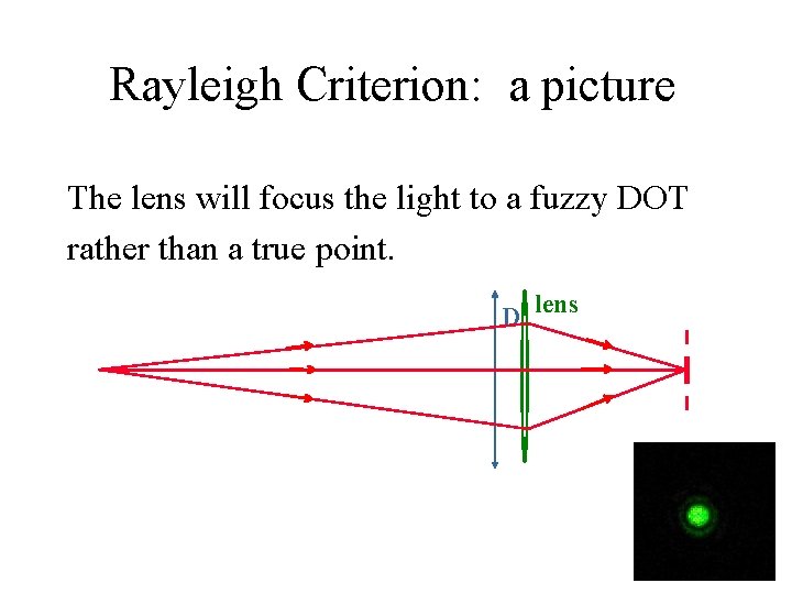 Rayleigh Criterion: a picture The lens will focus the light to a fuzzy DOT