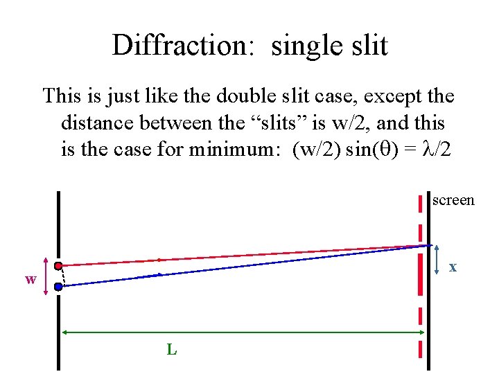 Diffraction: single slit This is just like the double slit case, except the distance