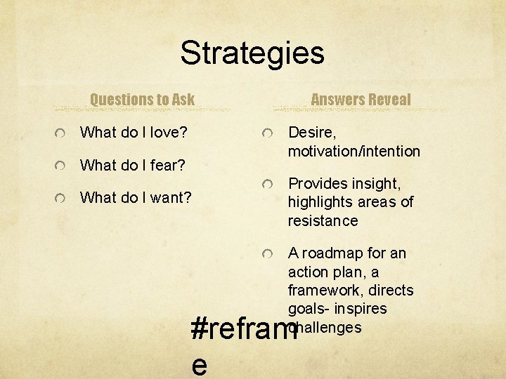 Strategies Questions to Ask What do I love? Answers Reveal Desire, motivation/intention What do