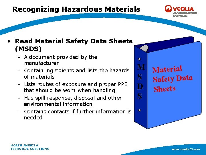 Recognizing Hazardous Materials • Read Material Safety Data Sheets (MSDS) – A document provided