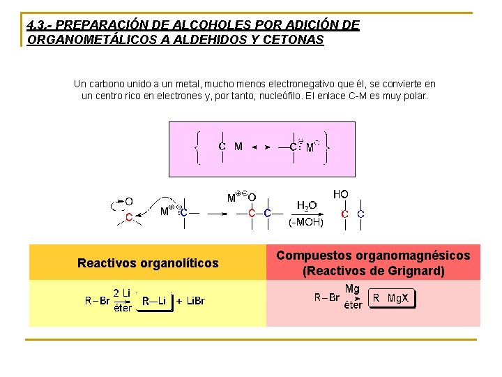 4. 3. - PREPARACIÓN DE ALCOHOLES POR ADICIÓN DE ORGANOMETÁLICOS A ALDEHIDOS Y CETONAS 4. 3. - PREPARACIÓN DE ALCOHOLES POR ADICIÓN DE ORGANOMETÁLICOS A ALDEHIDOS Y CETONAS
