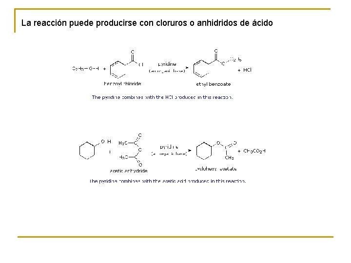 La reacción puede producirse con cloruros o anhidridos de ácido La reacción puede producirse con cloruros o anhidridos de ácido