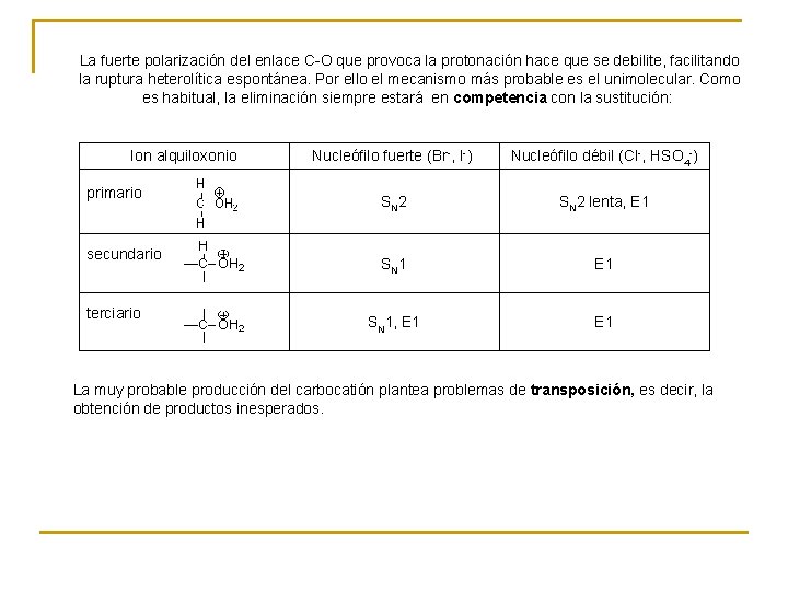 La fuerte polarización del enlace C-O que provoca la protonación hace que se debilite, La fuerte polarización del enlace C-O que provoca la protonación hace que se debilite,