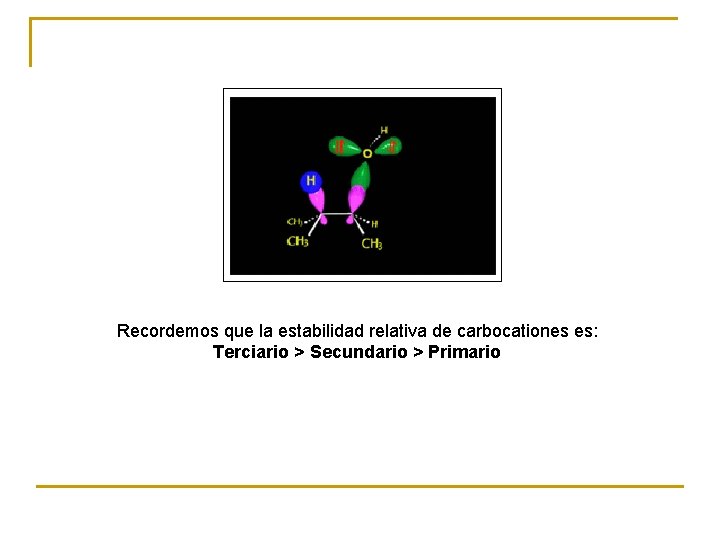 Recordemos que la estabilidad relativa de carbocationes es: Terciario > Secundario > Primario Recordemos que la estabilidad relativa de carbocationes es: Terciario > Secundario > Primario