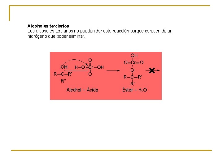 Alcoholes terciarios Los alcoholes terciarios no pueden dar esta reacción porque carecen de un Alcoholes terciarios Los alcoholes terciarios no pueden dar esta reacción porque carecen de un