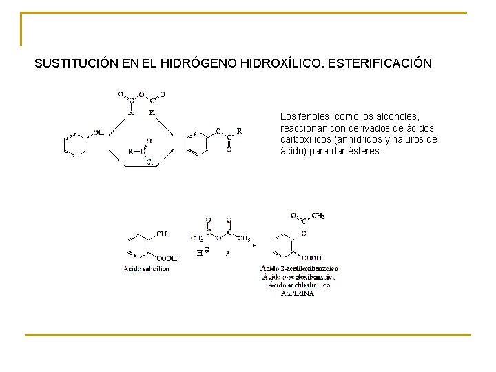 SUSTITUCIÓN EN EL HIDRÓGENO HIDROXÍLICO. ESTERIFICACIÓN Los fenoles, como los alcoholes, reaccionan con derivados SUSTITUCIÓN EN EL HIDRÓGENO HIDROXÍLICO. ESTERIFICACIÓN Los fenoles, como los alcoholes, reaccionan con derivados