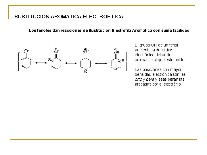 SUSTITUCIÓN AROMÁTICA ELECTROFÍLICA Los fenoles dan reacciones de Sustitución Electrófila Aromática con suma facilidad SUSTITUCIÓN AROMÁTICA ELECTROFÍLICA Los fenoles dan reacciones de Sustitución Electrófila Aromática con suma facilidad