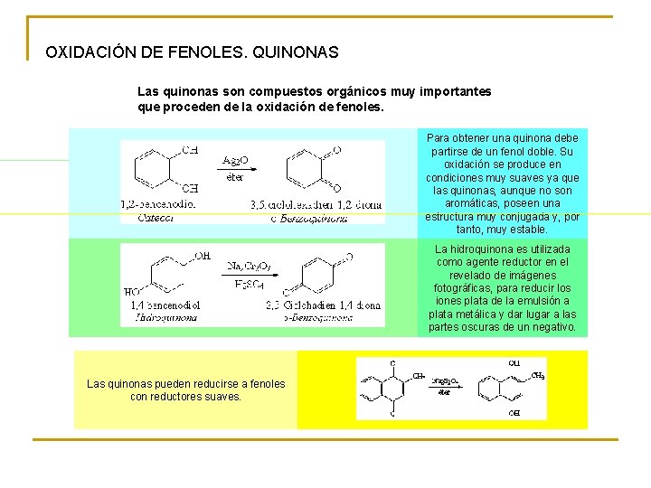 OXIDACIÓN DE FENOLES. QUINONAS Las quinonas son compuestos orgánicos muy importantes que proceden de OXIDACIÓN DE FENOLES. QUINONAS Las quinonas son compuestos orgánicos muy importantes que proceden de