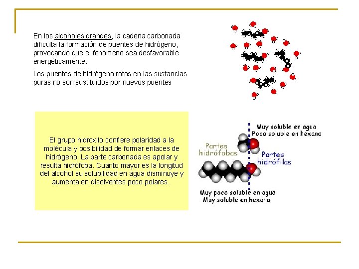 En los alcoholes grandes, la cadena carbonada dificulta la formación de puentes de hidrógeno, En los alcoholes grandes, la cadena carbonada dificulta la formación de puentes de hidrógeno,