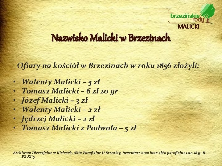 MALICKI Nazwisko Malicki w Brzezinach Ofiary na kościół w Brzezinach w roku 1856 złożyli: