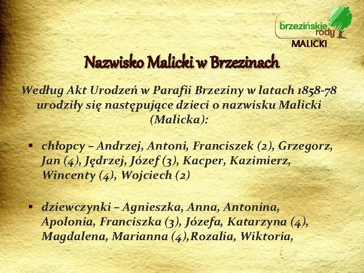 MALICKI Nazwisko Malicki w Brzezinach Według Akt Urodzeń w Parafii Brzeziny w latach 1858