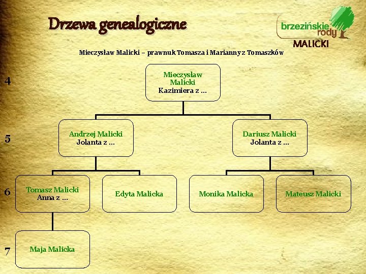 Drzewa genealogiczne Mieczysław Malicki – prawnuk Tomasza i Marianny z Tomaszków Mieczysław Malicki Kazimiera