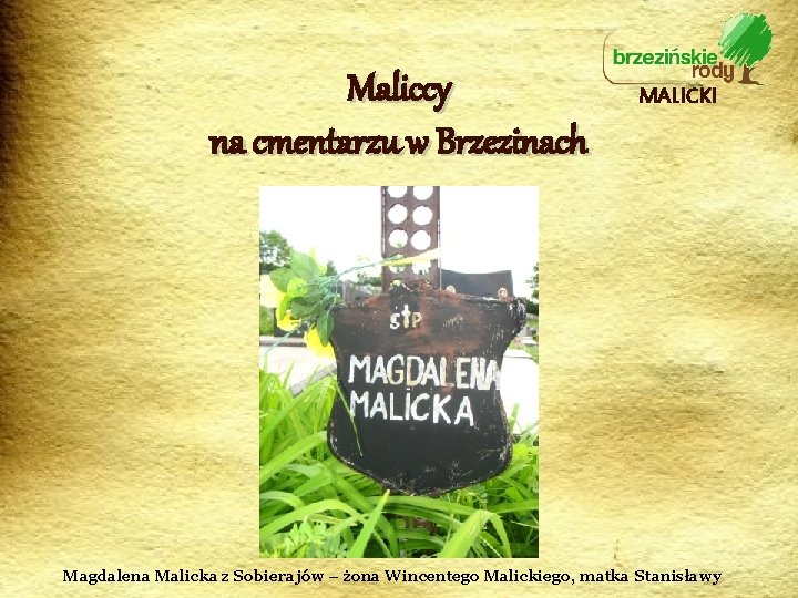 Maliccy na cmentarzu w Brzezinach MALICKI Magdalena Malicka z Sobierajów – żona Wincentego Malickiego,