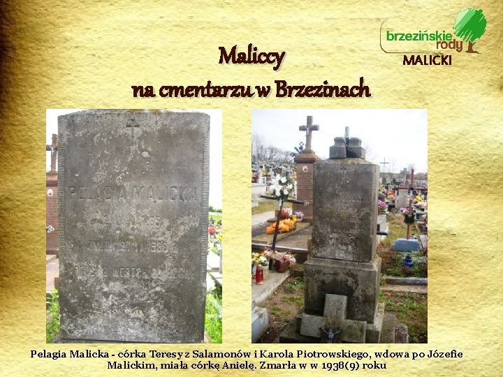 Maliccy na cmentarzu w Brzezinach MALICKI Pelagia Malicka - córka Teresy z Salamonów i