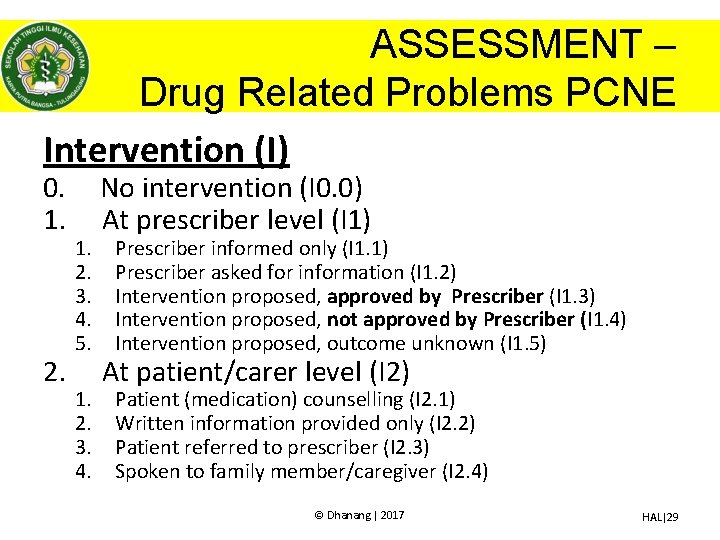 ASSESSMENT – Drug Related Problems PCNE Intervention (I) 0. 1. 2. 1. 2. 3.