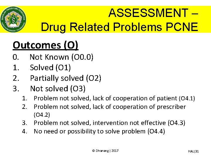 ASSESSMENT – Drug Related Problems PCNE Outcomes (O) 0. 1. 2. 3. Not Known