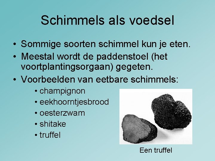 Schimmels als voedsel • Sommige soorten schimmel kun je eten. • Meestal wordt de