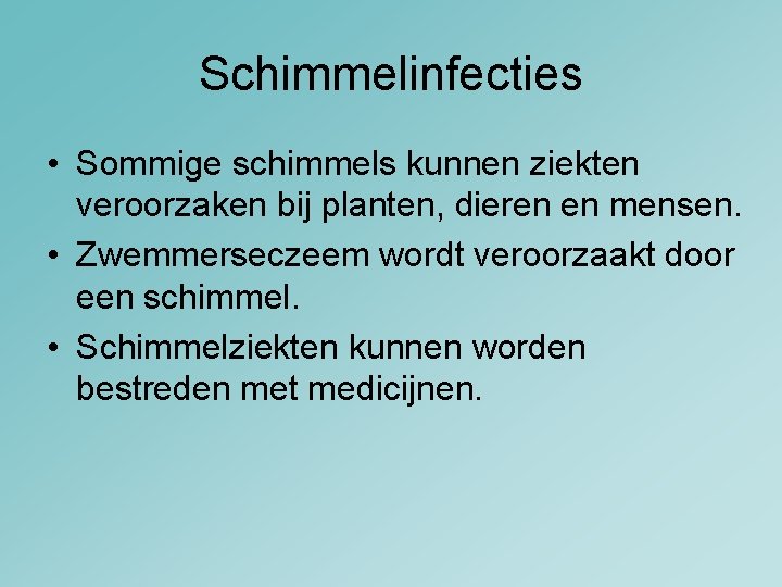 Schimmelinfecties • Sommige schimmels kunnen ziekten veroorzaken bij planten, dieren en mensen. • Zwemmerseczeem