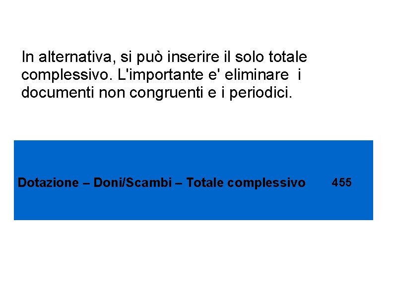 In alternativa, si può inserire il solo totale complessivo. L'importante e' eliminare i documenti