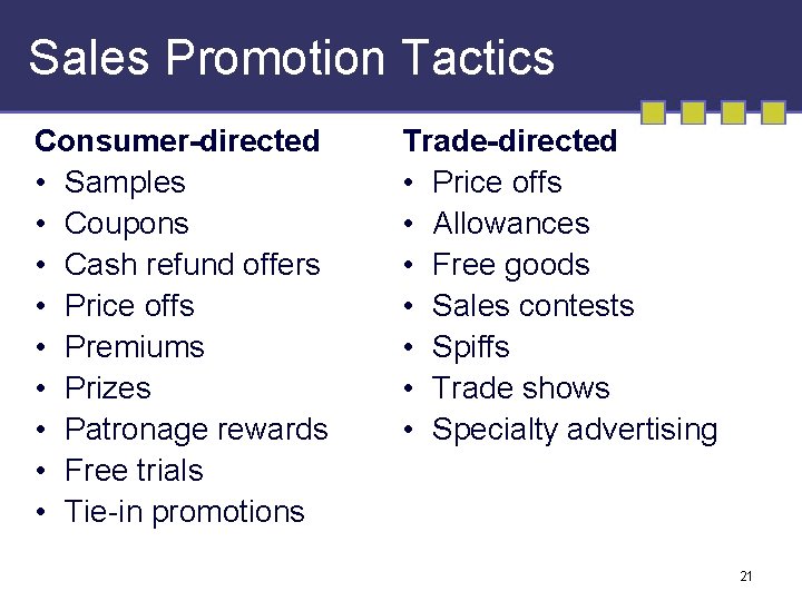 Sales Promotion Tactics Consumer-directed • Samples • Coupons • Cash refund offers • Price
