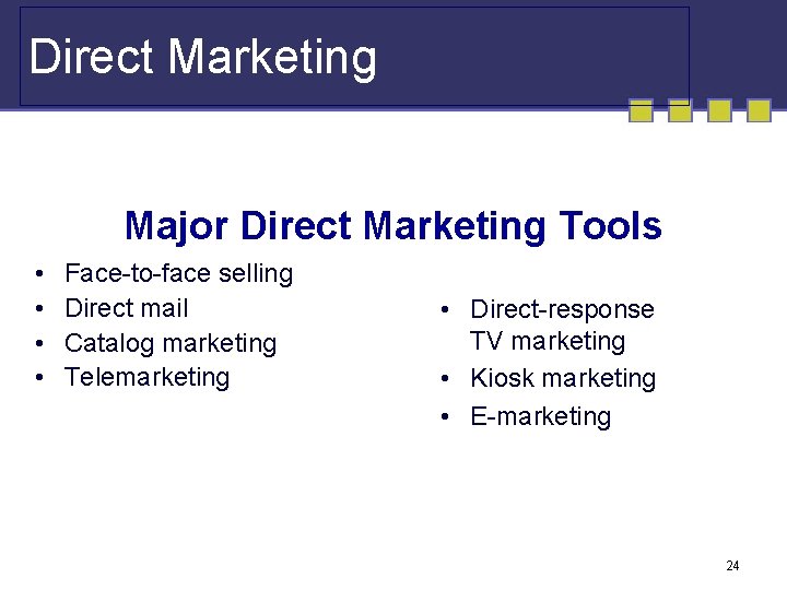 Direct Marketing Major Direct Marketing Tools • • Face-to-face selling Direct mail Catalog marketing