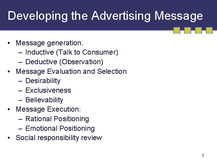 Developing the Advertising Message • Message generation: – Inductive (Talk to Consumer) – Deductive