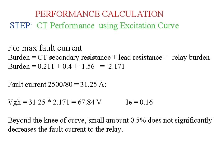 PERFORMANCE CALCULATION STEP: CT Performance using Excitation Curve For max fault current Burden =